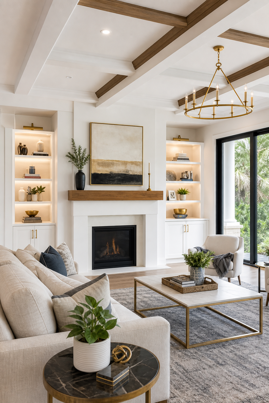 Modern remodeled living room with custom fireplace wall and warm wood mantle